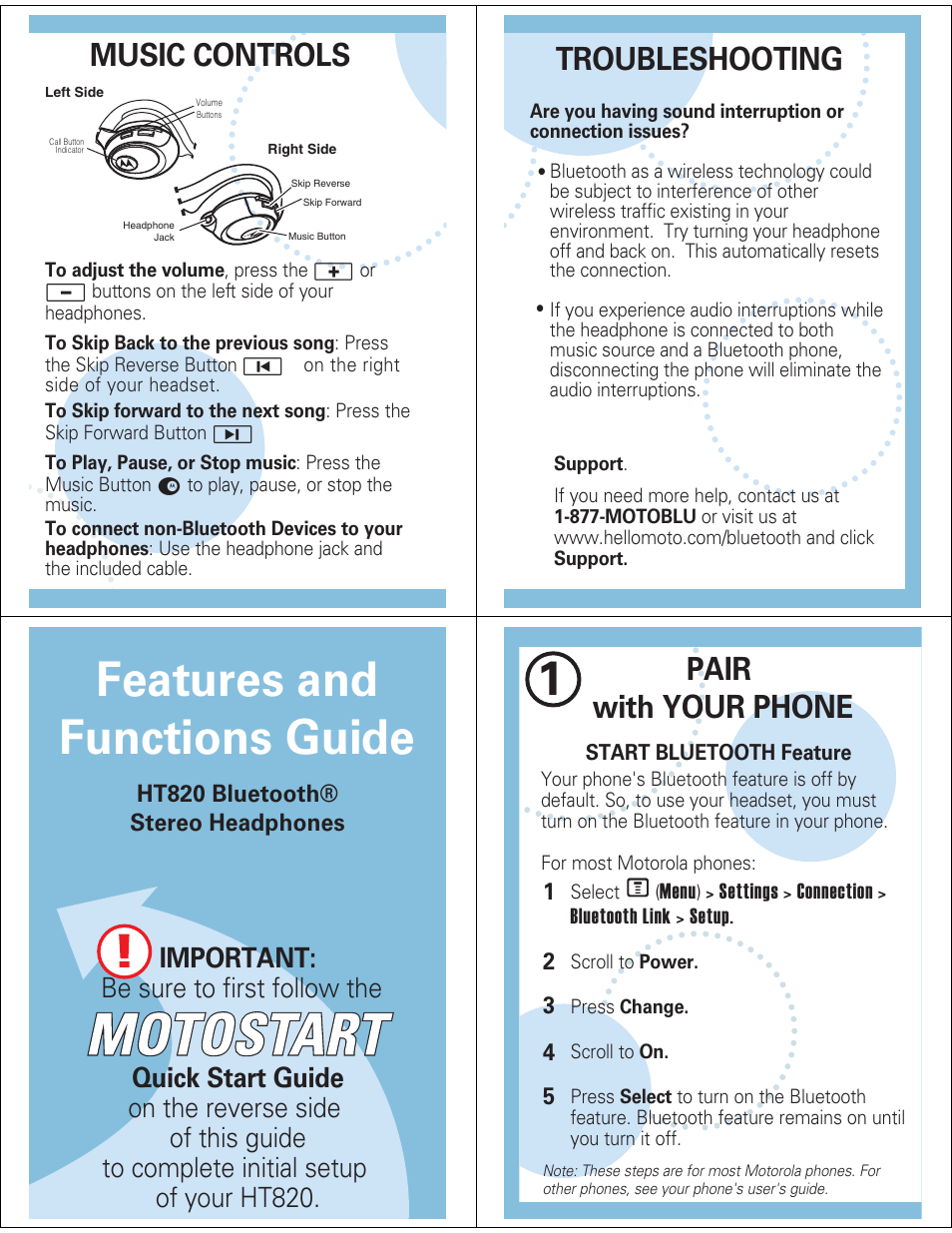 Features and functions guide, Music controls, Troubleshooting | Pair with your phone | Motorola HT820 User Manual | Page 3 / 5