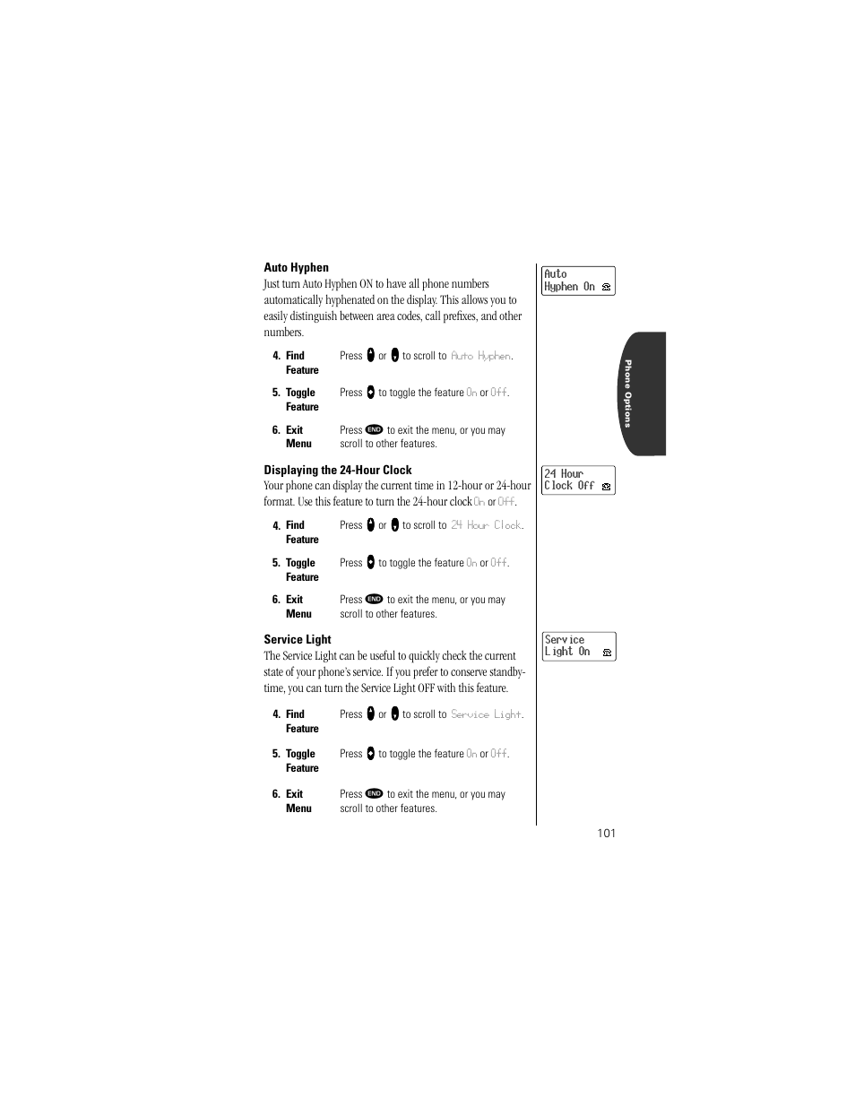 Auto hyphen, Displaying the 24-hour clock, Service light | Pg. 101 | Motorola Digital StarTAC wireless phone User Manual | Page 101 / 143