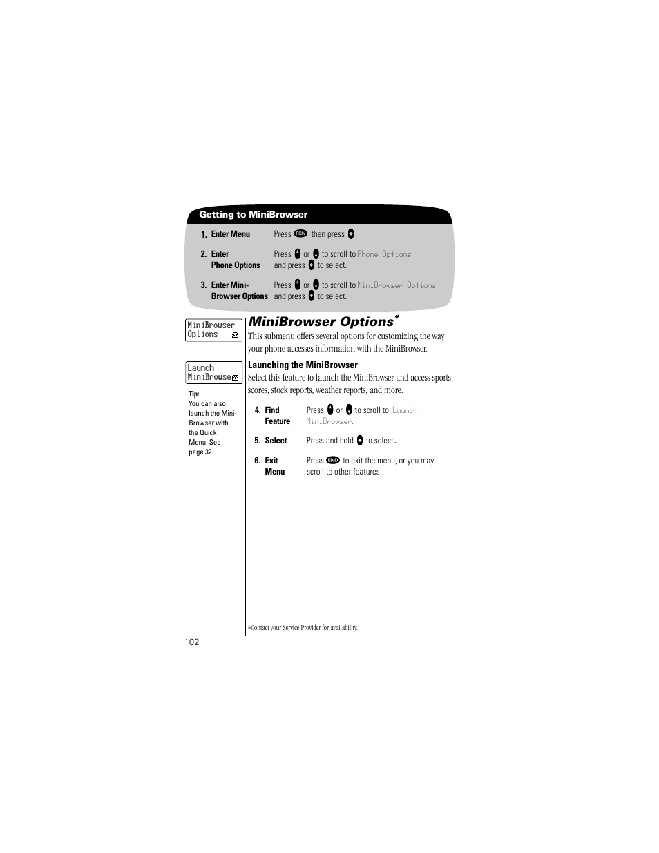 Minibrowser options, Launching the minibrowser, Pg. 102 | Motorola Digital StarTAC wireless phone User Manual | Page 102 / 143