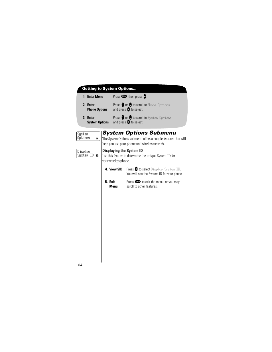 System options submenu, Displaying the system id, Pg. 104 | Motorola Digital StarTAC wireless phone User Manual | Page 104 / 143