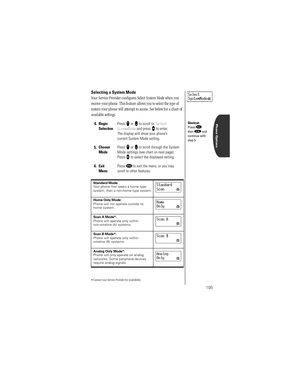 Selecting a system mode, Pg. 105 | Motorola Digital StarTAC wireless phone User Manual | Page 105 / 143
