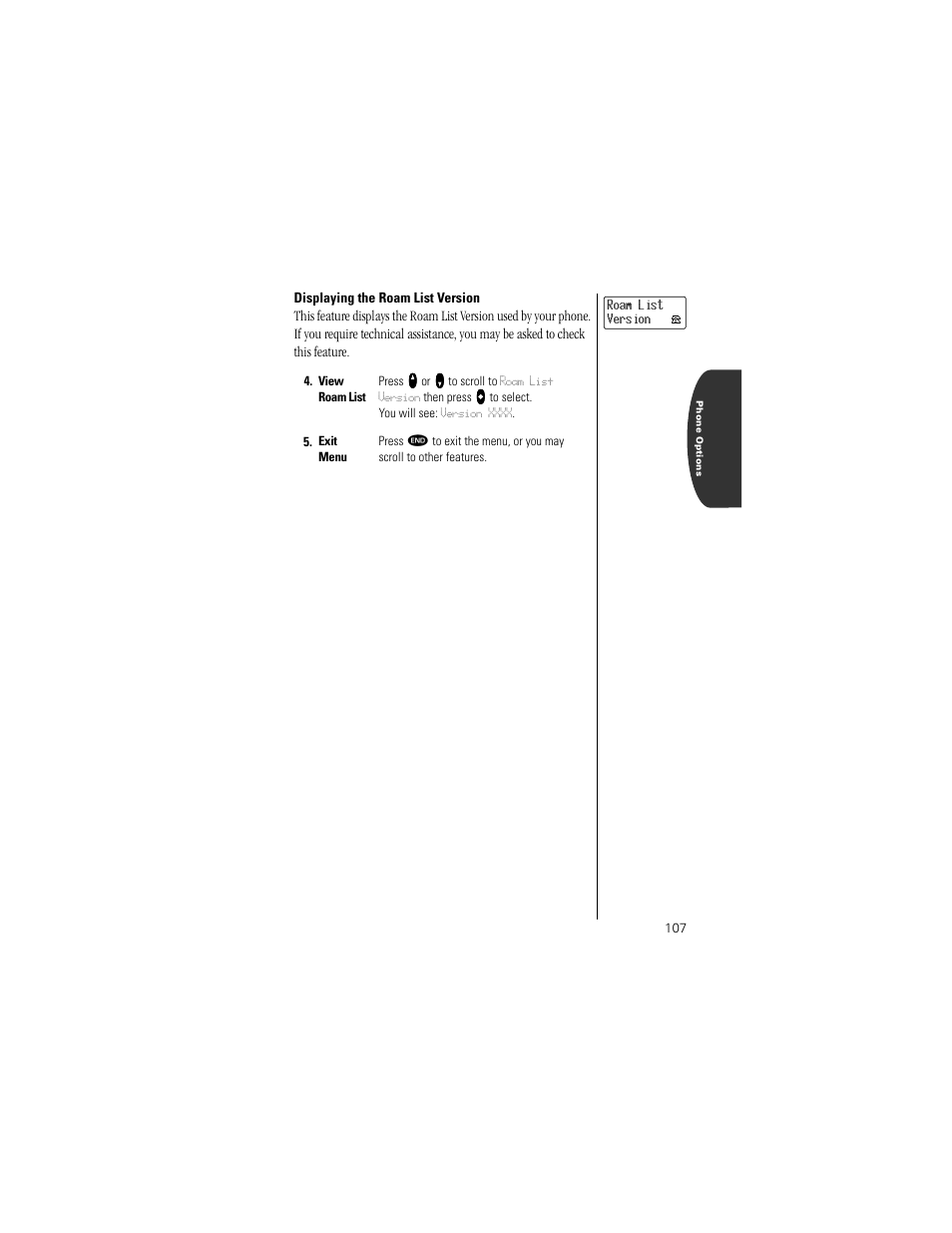 Displaying the roam list version, Pg. 107 | Motorola Digital StarTAC wireless phone User Manual | Page 107 / 143