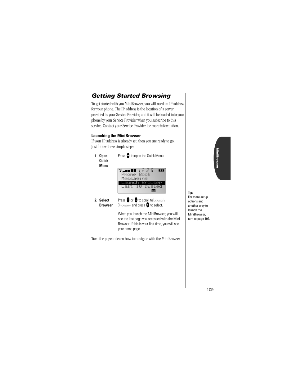 Getting started browsing, Launching the minibrowser | Motorola Digital StarTAC wireless phone User Manual | Page 109 / 143