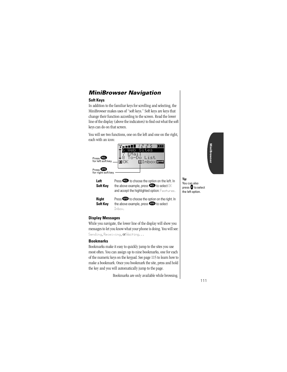 Soft keys, Display messages, Bookmarks | Minibrowser navigation | Motorola Digital StarTAC wireless phone User Manual | Page 111 / 143