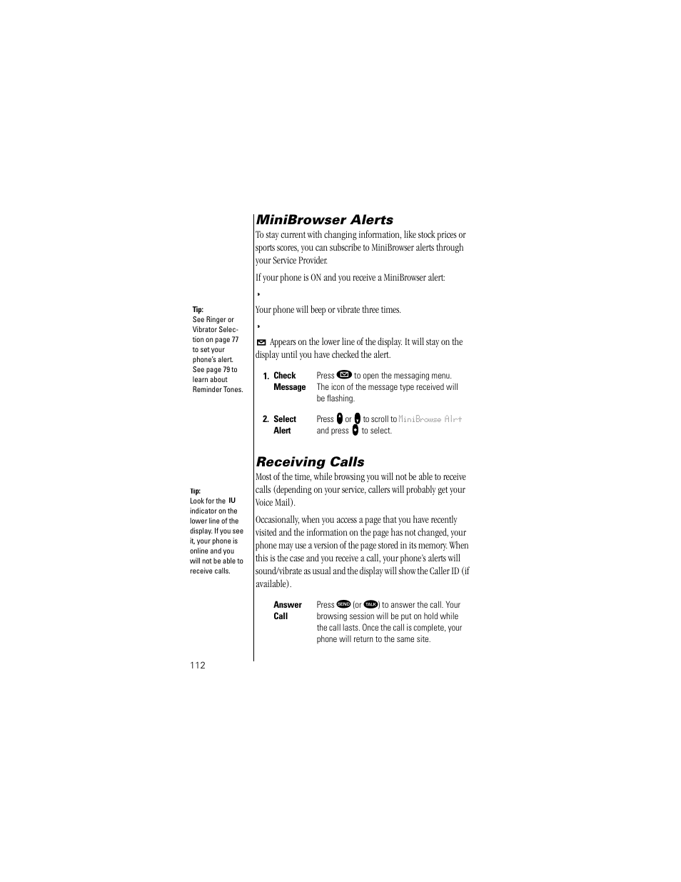 Minibrowser alerts, Receiving calls | Motorola Digital StarTAC wireless phone User Manual | Page 112 / 143