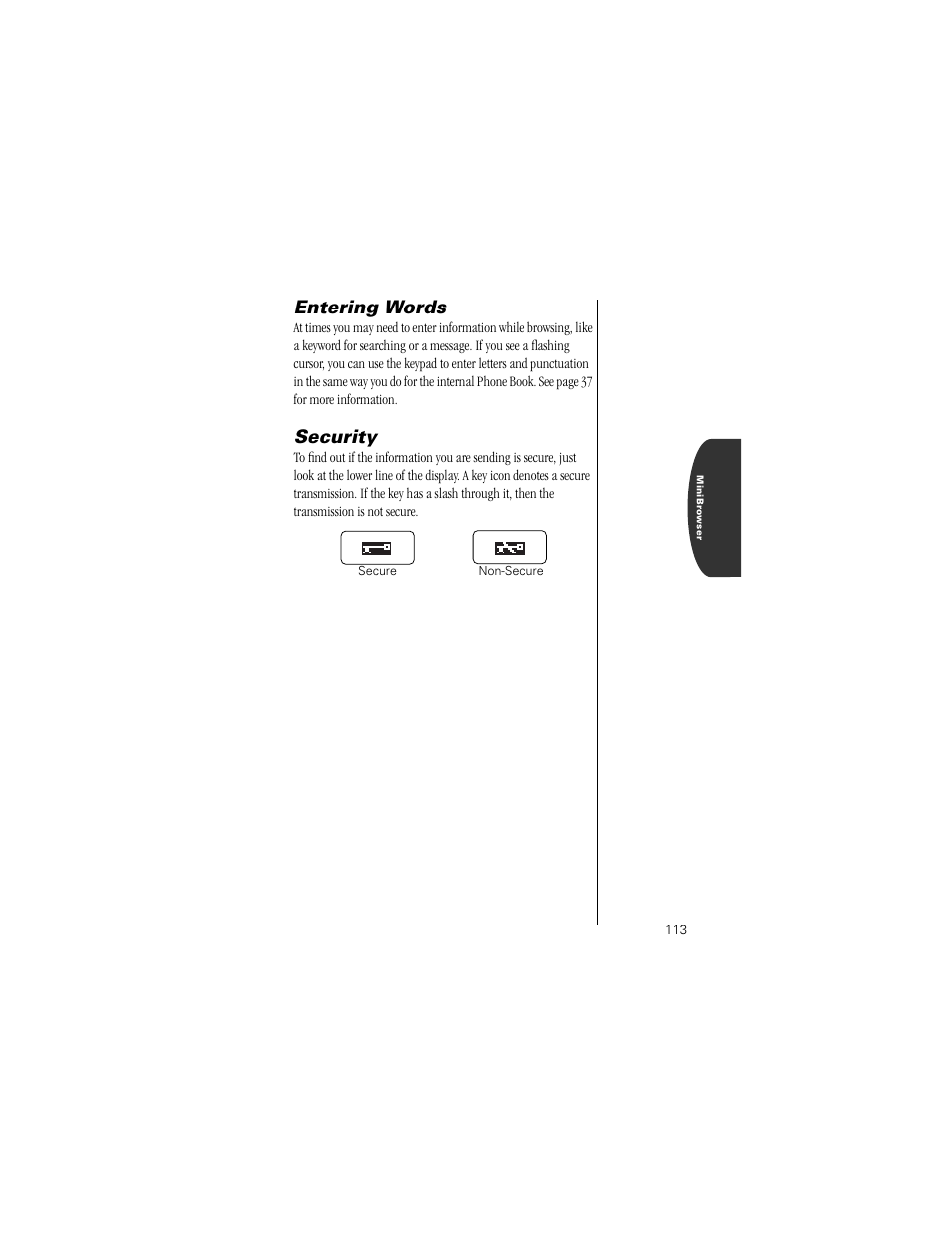 Entering words, Security | Motorola Digital StarTAC wireless phone User Manual | Page 113 / 143