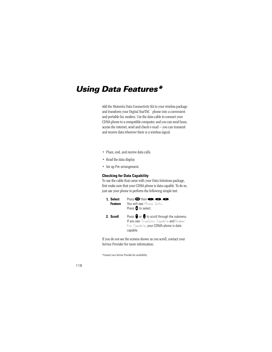 Using data features, Checking for data capability | Motorola Digital StarTAC wireless phone User Manual | Page 116 / 143