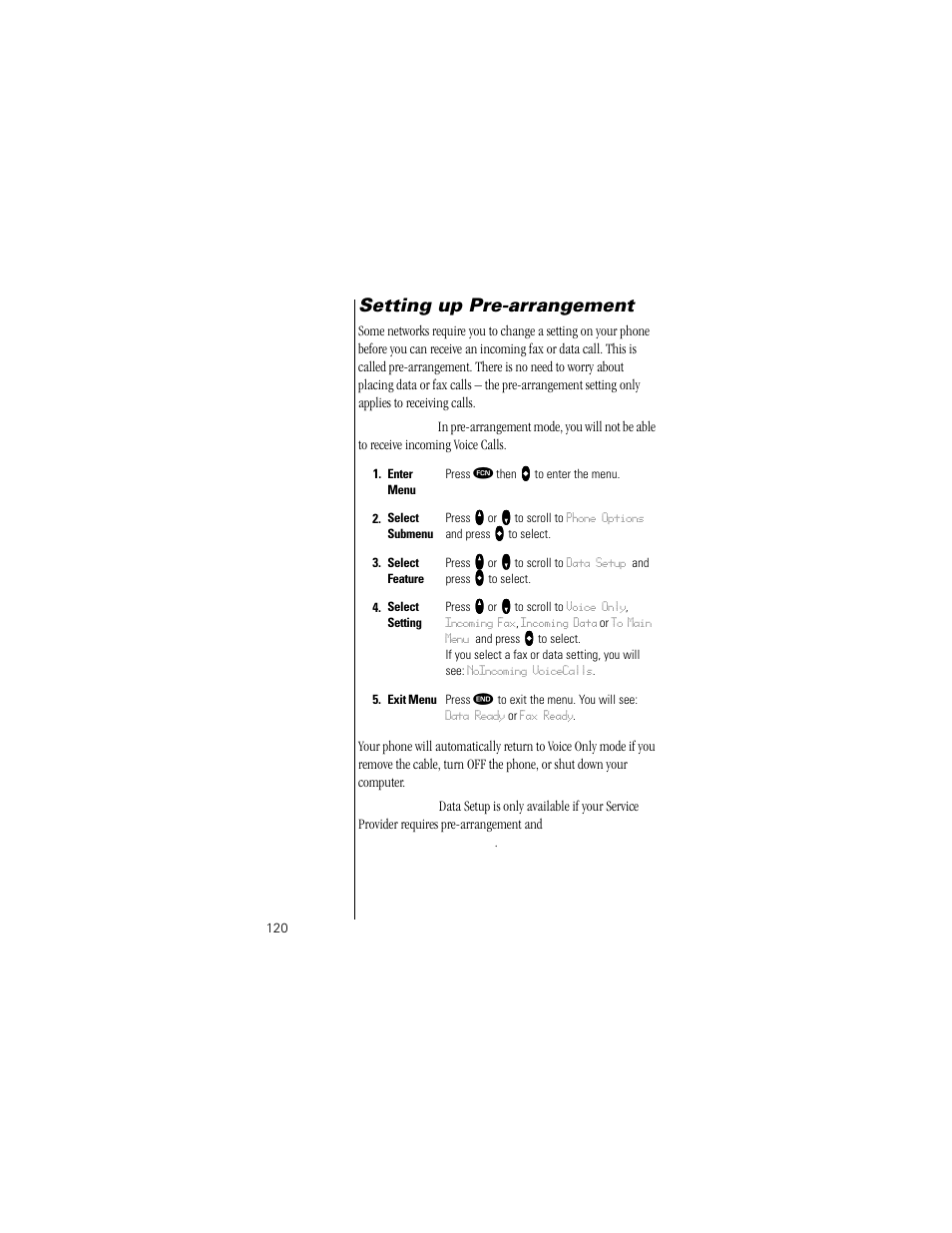 Setting up pre-arrangement | Motorola Digital StarTAC wireless phone User Manual | Page 120 / 143