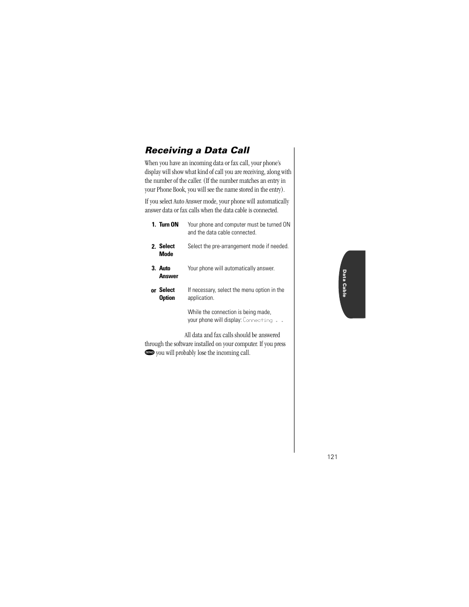 Receiving a data call | Motorola Digital StarTAC wireless phone User Manual | Page 121 / 143