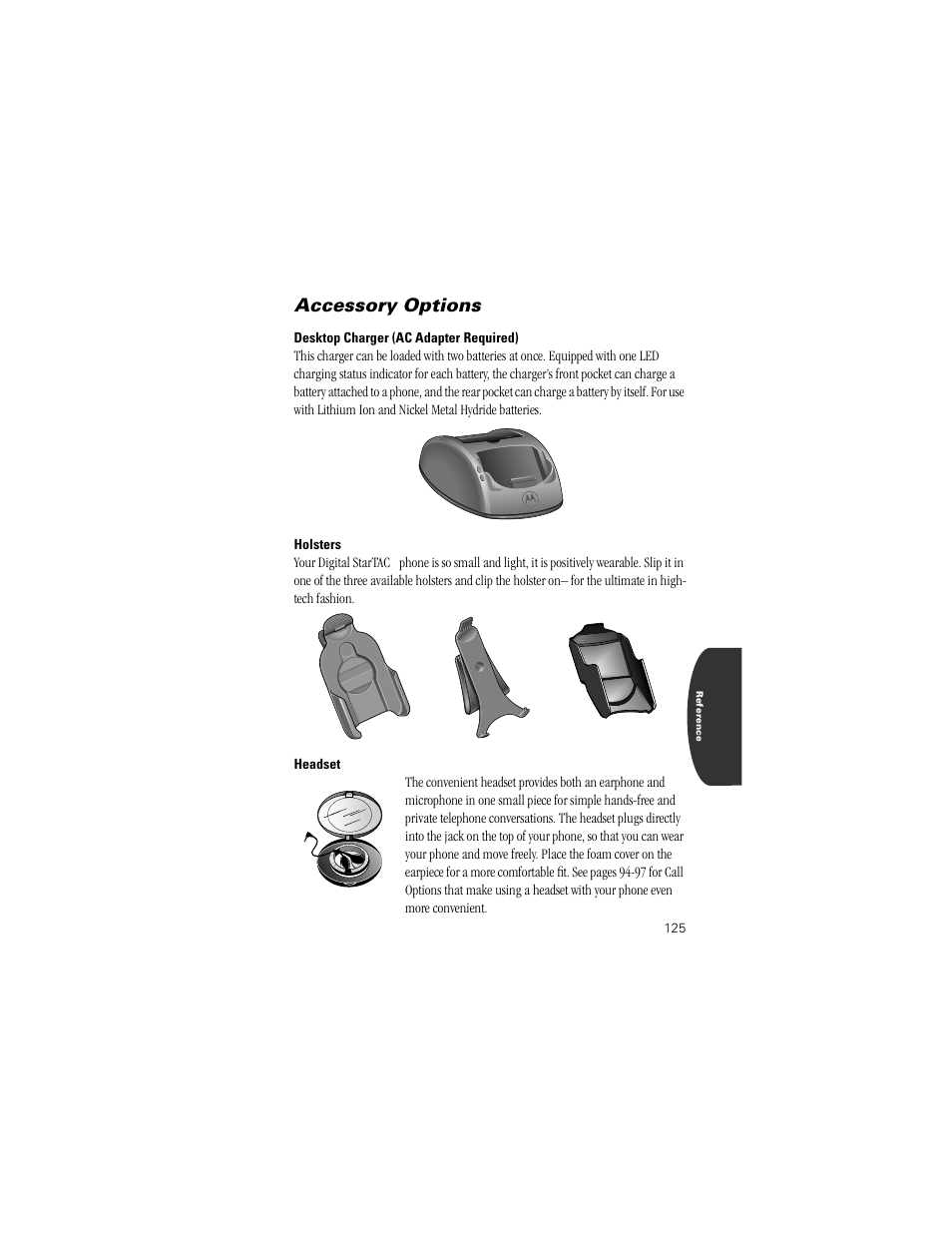 Desktop charger, Holsters, Headset | Accessory options | Motorola Digital StarTAC wireless phone User Manual | Page 125 / 143
