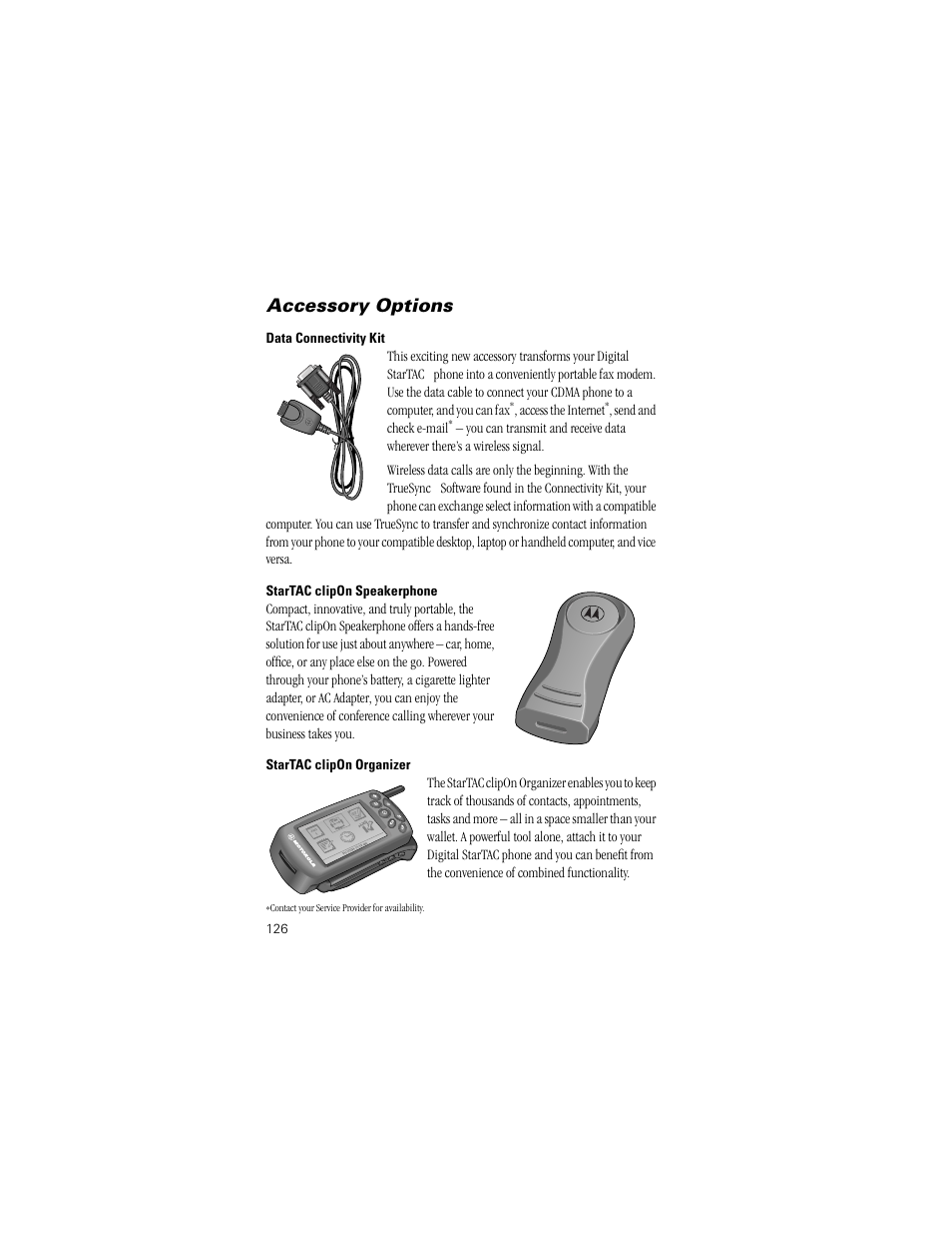 Data connectivity kit, Startac clipon speakerphone, Startac clipon organizer | Accessory options | Motorola Digital StarTAC wireless phone User Manual | Page 126 / 143