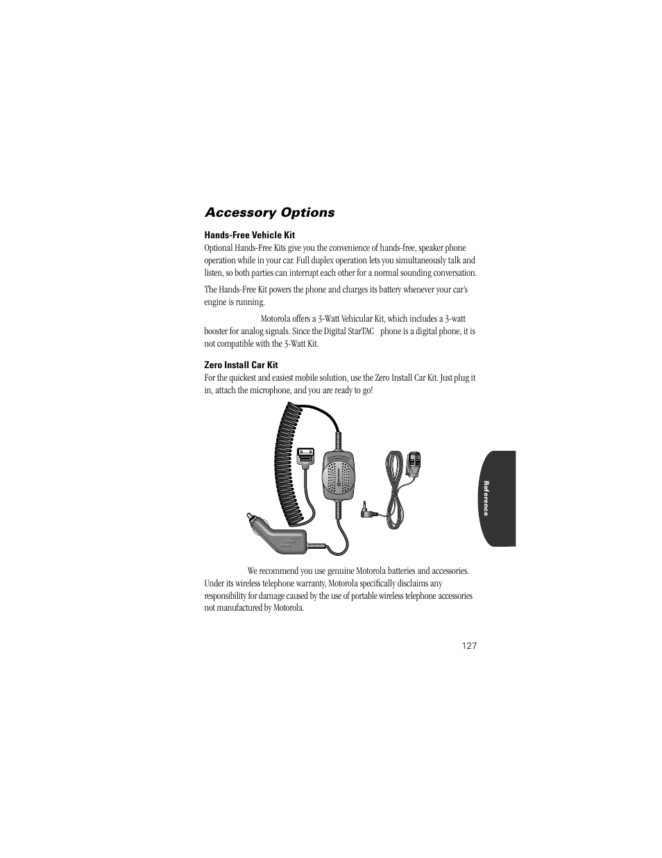 Hands-free vehicle kit, Zero install car kit, Accessory options | Motorola Digital StarTAC wireless phone User Manual | Page 127 / 143