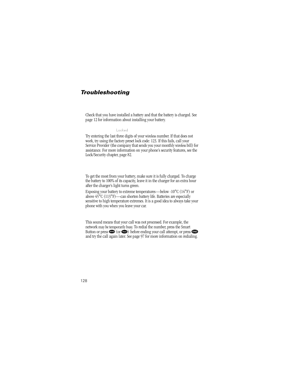 Troubleshooting | Motorola Digital StarTAC wireless phone User Manual | Page 128 / 143