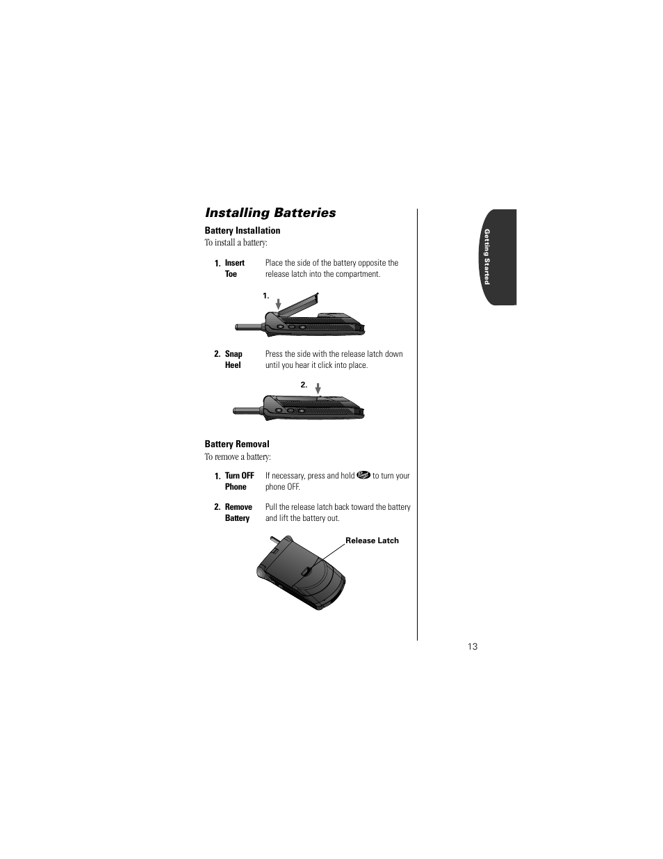 Installing batteries, Battery installation, Battery removal | Motorola Digital StarTAC wireless phone User Manual | Page 13 / 143