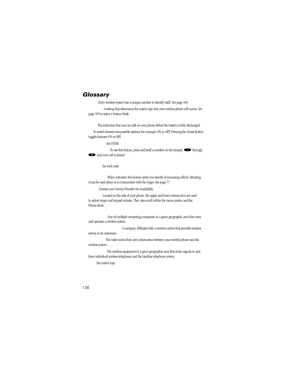 Glossary | Motorola Digital StarTAC wireless phone User Manual | Page 136 / 143