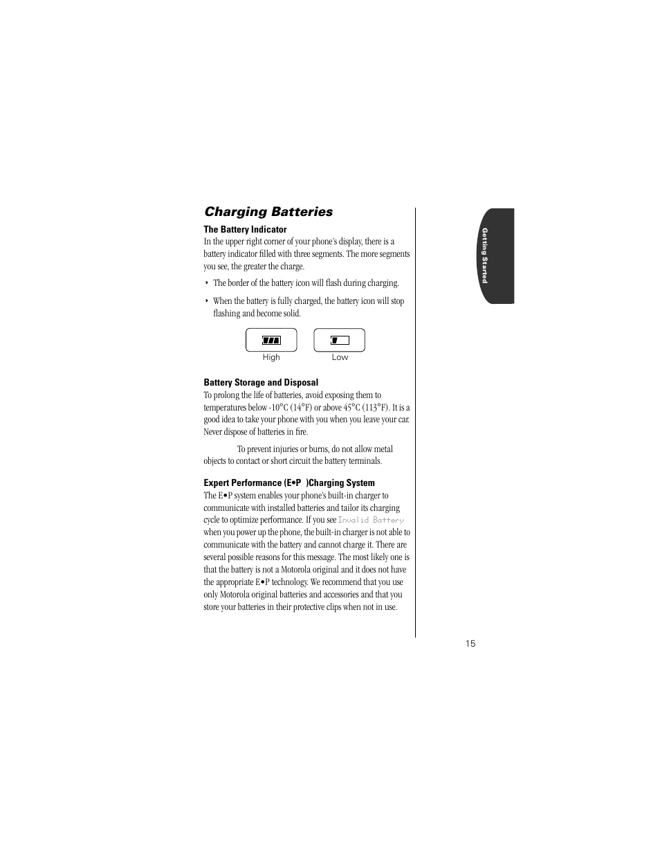 The battery indicator, Battery storage and disposal, Expert performance (e•p®)charging system | Charging batteries | Motorola Digital StarTAC wireless phone User Manual | Page 15 / 143