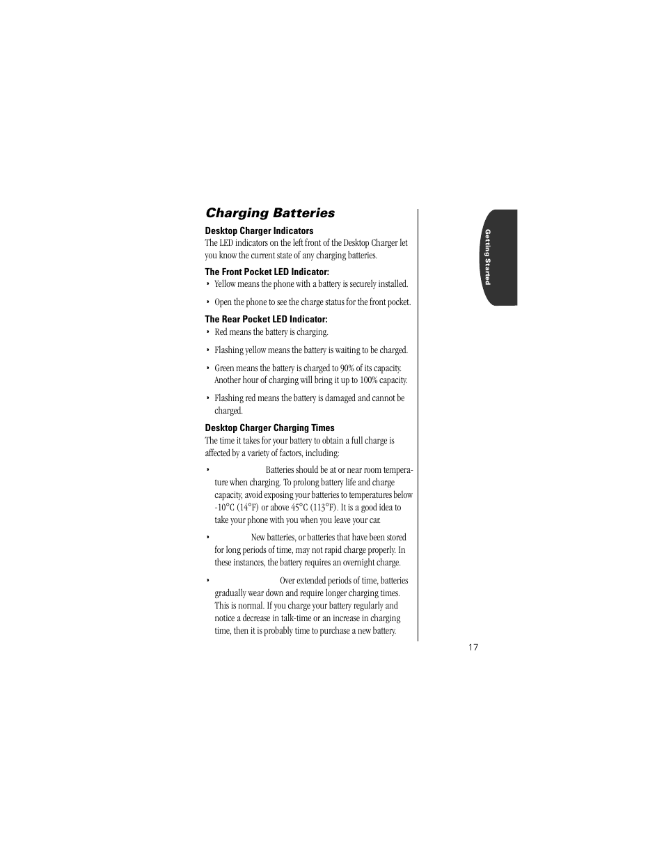 Desktop charger indicators, The front pocket led indicator, The rear pocket led indicator | Desktop charger charging times, Charging batteries | Motorola Digital StarTAC wireless phone User Manual | Page 17 / 143