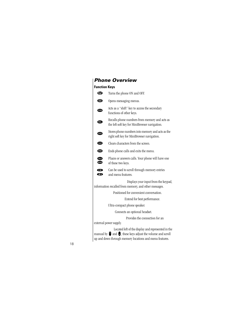 Phone overview, Function keys | Motorola Digital StarTAC wireless phone User Manual | Page 18 / 143