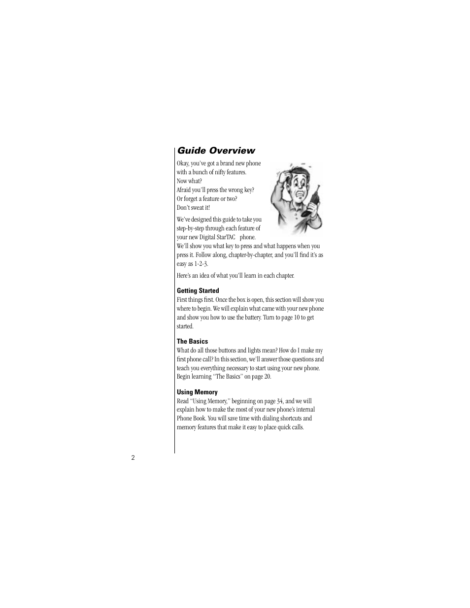 Guide overview, Getting started, The basics | Using memory | Motorola Digital StarTAC wireless phone User Manual | Page 2 / 143