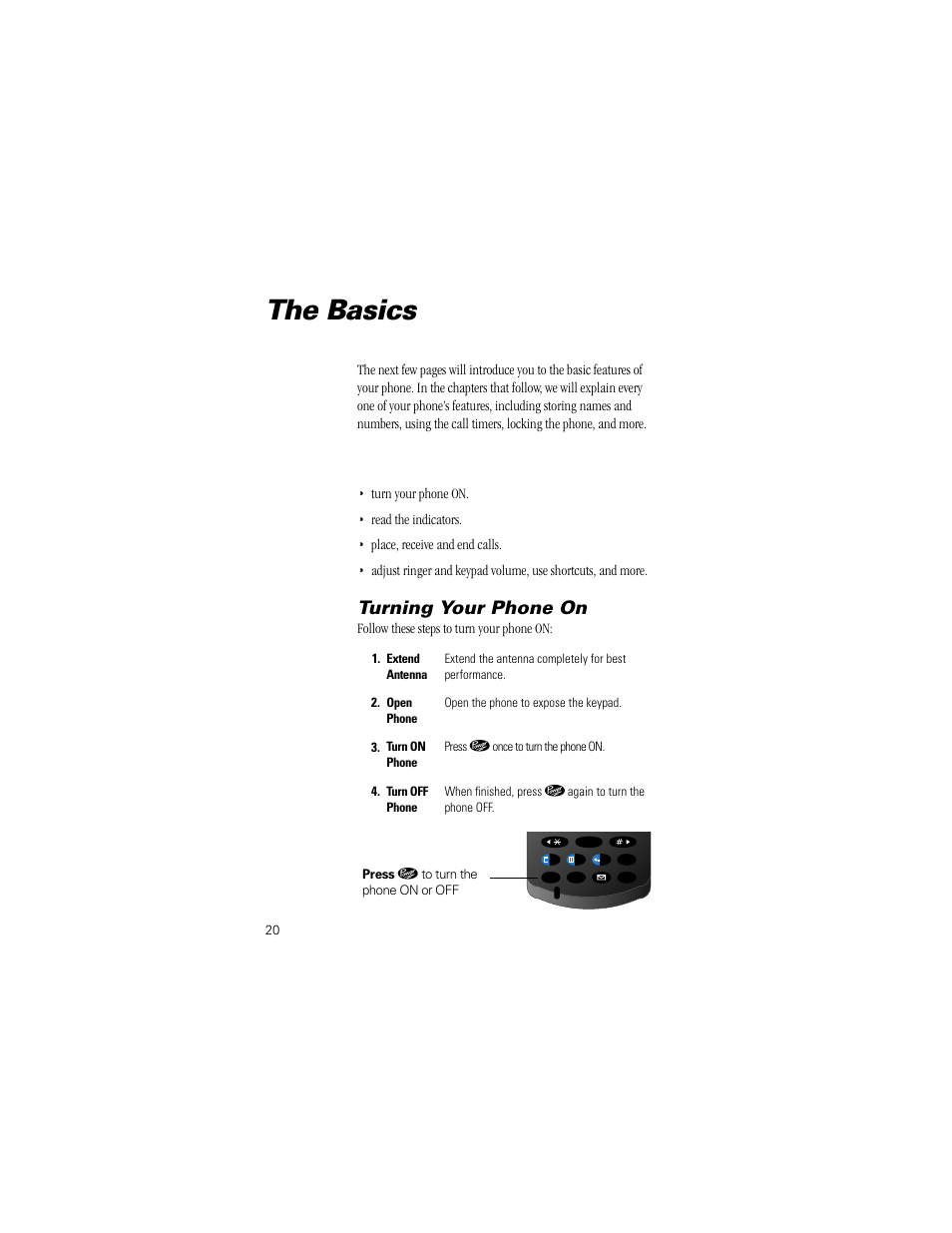 The basics, Turning your phone on | Motorola Digital StarTAC wireless phone User Manual | Page 20 / 143