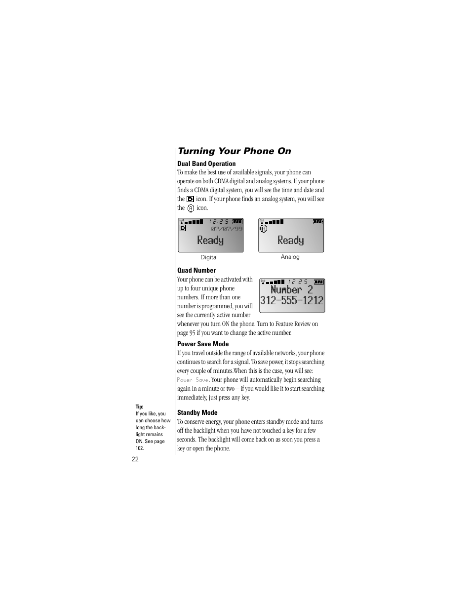 Dual band operation, Quad number, Power save mode | Standby mode, Ready, Turning your phone on | Motorola Digital StarTAC wireless phone User Manual | Page 22 / 143