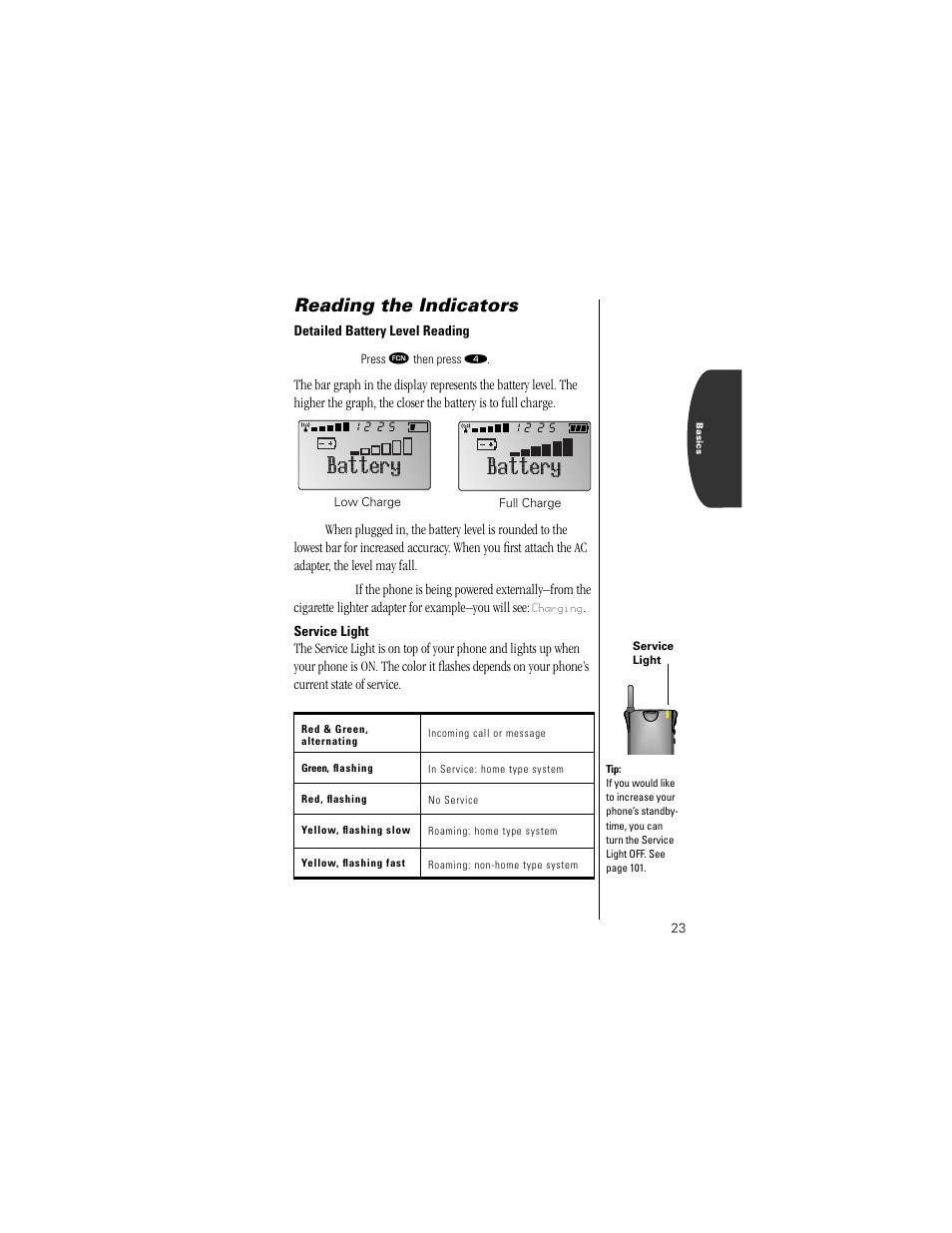 Reading the indicators, Detailed battery level reading, Service light | Battery | Motorola Digital StarTAC wireless phone User Manual | Page 23 / 143