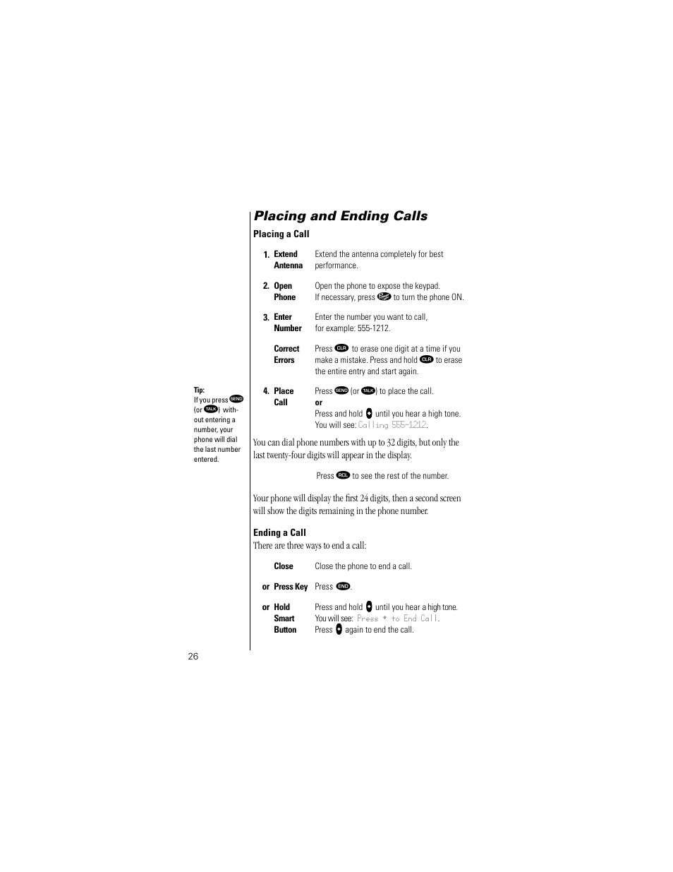 Placing and ending calls, Placing a call, Ending a call | Again to end a call. see | Motorola Digital StarTAC wireless phone User Manual | Page 26 / 143
