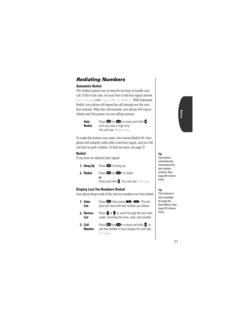 Redialing numbers, Automatic redial, Redial | Display last ten numbers dialed | Motorola Digital StarTAC wireless phone User Manual | Page 27 / 143
