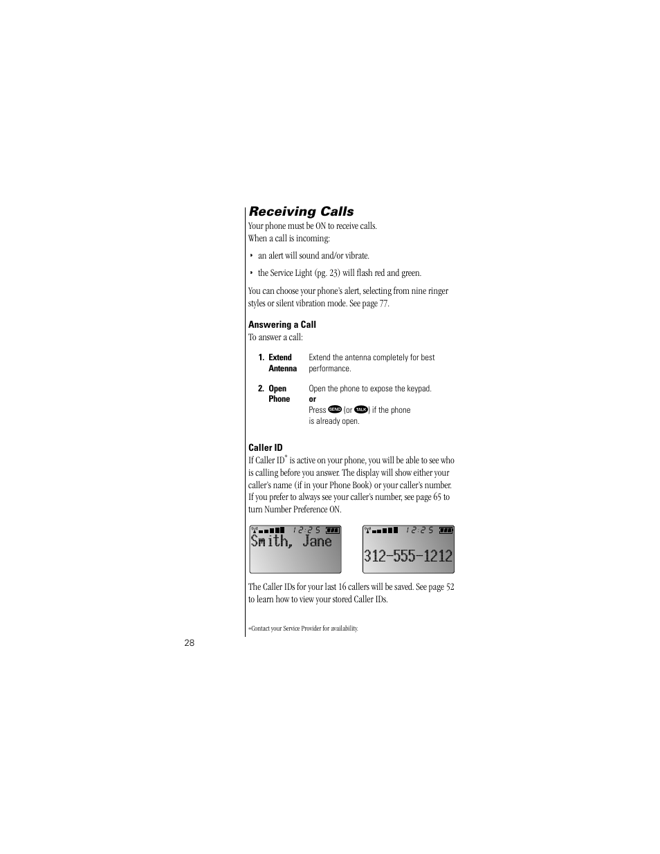 Receiving calls, Answering a call, Caller id | Smith, jane | Motorola Digital StarTAC wireless phone User Manual | Page 28 / 143