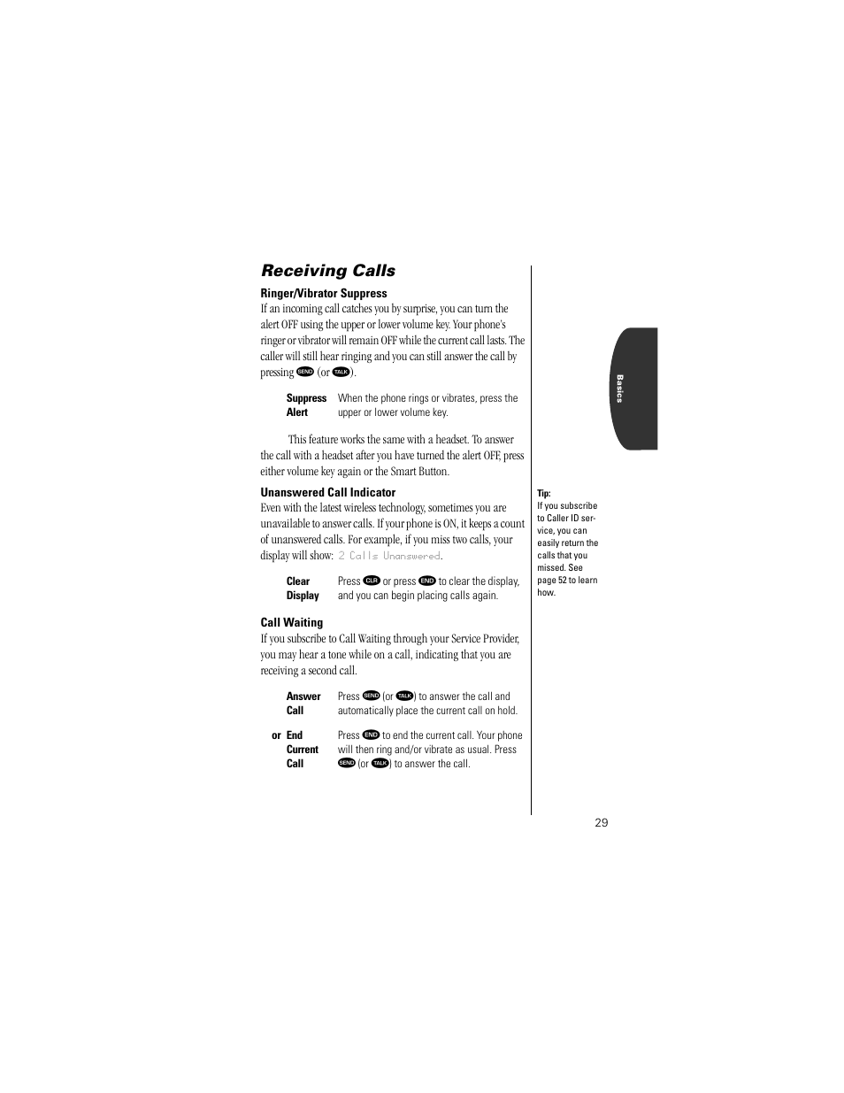 Ringer/vibrator suppress, Unanswered call indicator, Call waiting | Receiving calls | Motorola Digital StarTAC wireless phone User Manual | Page 29 / 143