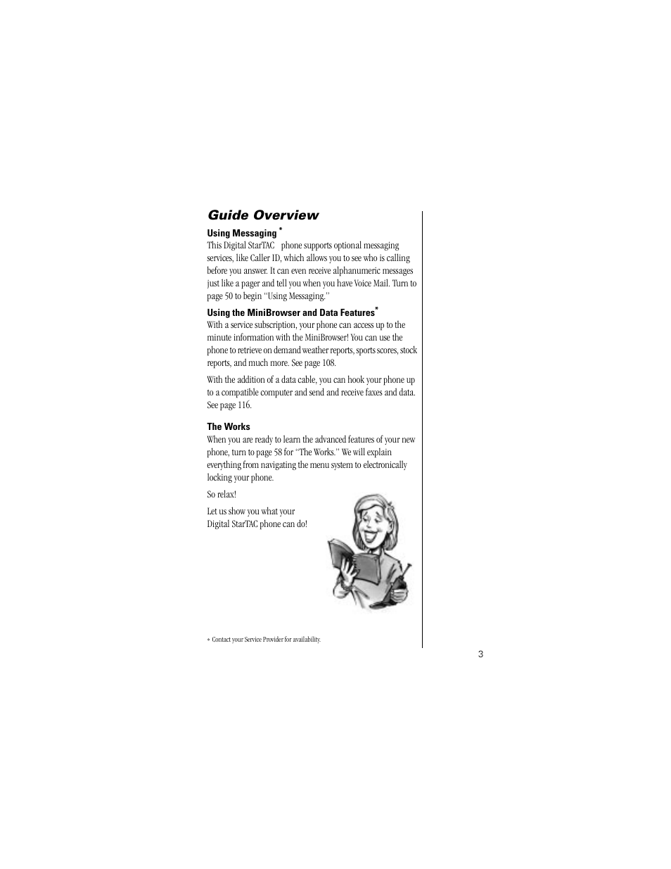 Using messaging, Using the minibrowser and data features, The works | Guide overview | Motorola Digital StarTAC wireless phone User Manual | Page 3 / 143
