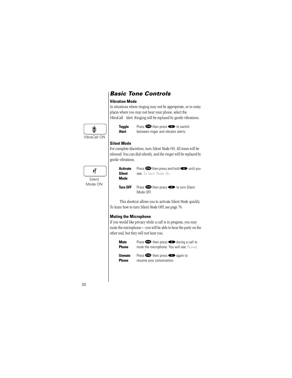 Basic tone controls, Vibration mode, Silent mode | Muting the microphone | Motorola Digital StarTAC wireless phone User Manual | Page 30 / 143