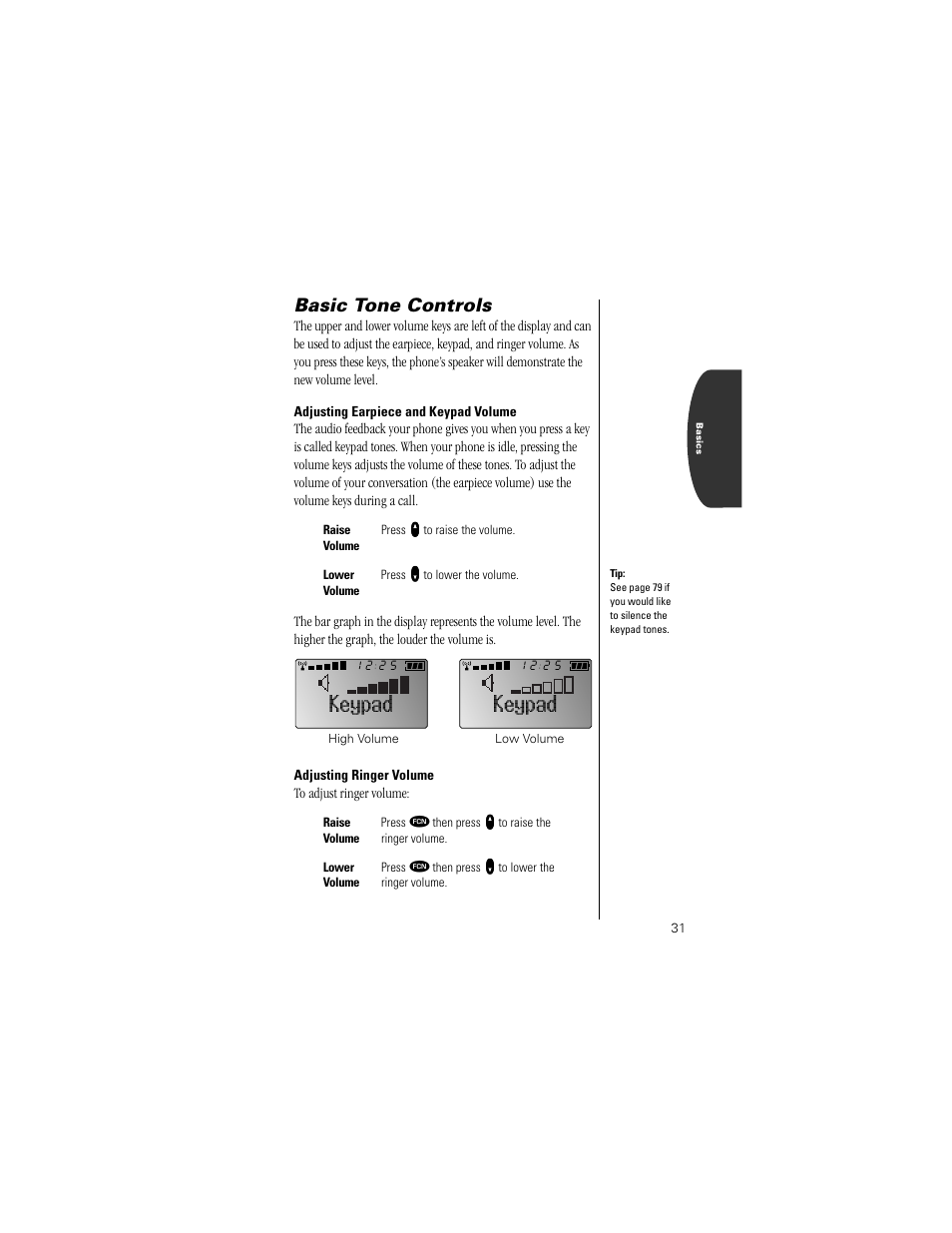 Adjusting earpiece and keypad volume, Adjusting ringer volume, Keypad | Basic tone controls | Motorola Digital StarTAC wireless phone User Manual | Page 31 / 143