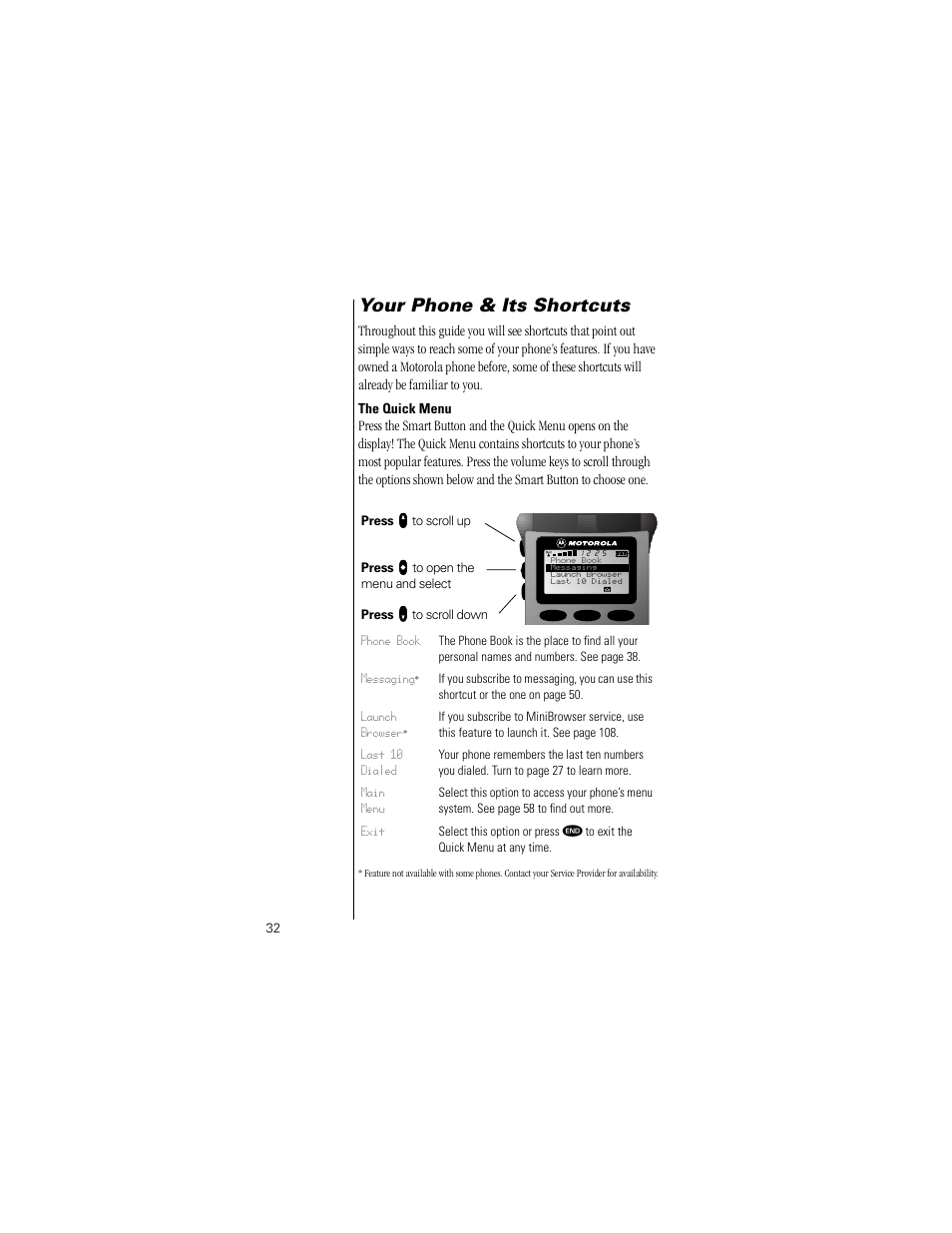 Your phone & its shortcuts, The quick menu | Motorola Digital StarTAC wireless phone User Manual | Page 32 / 143