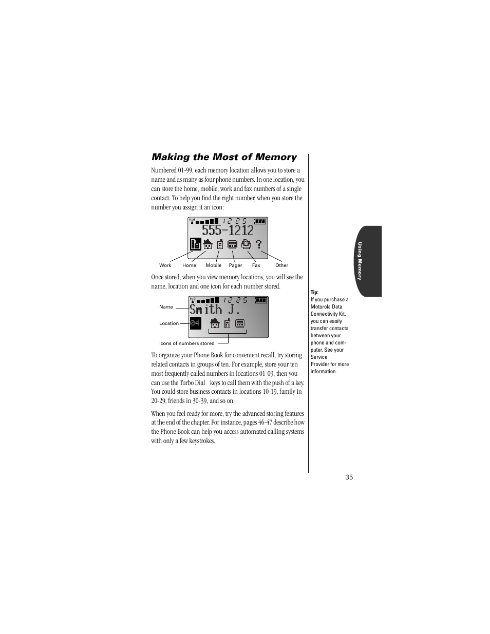 Making the most of memory, Smith j | Motorola Digital StarTAC wireless phone User Manual | Page 35 / 143