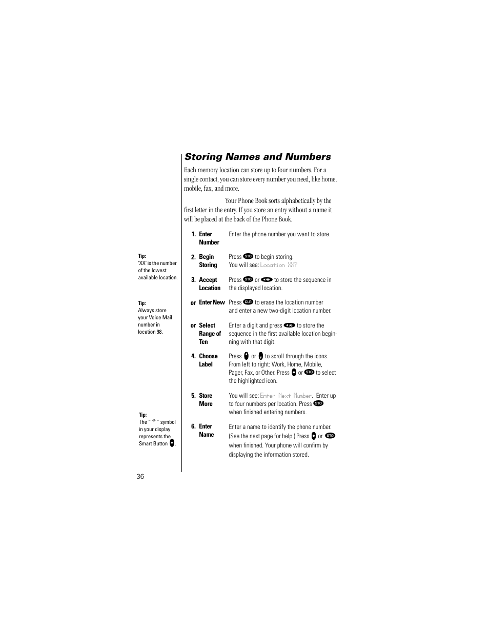 Storing names and numbers | Motorola Digital StarTAC wireless phone User Manual | Page 36 / 143