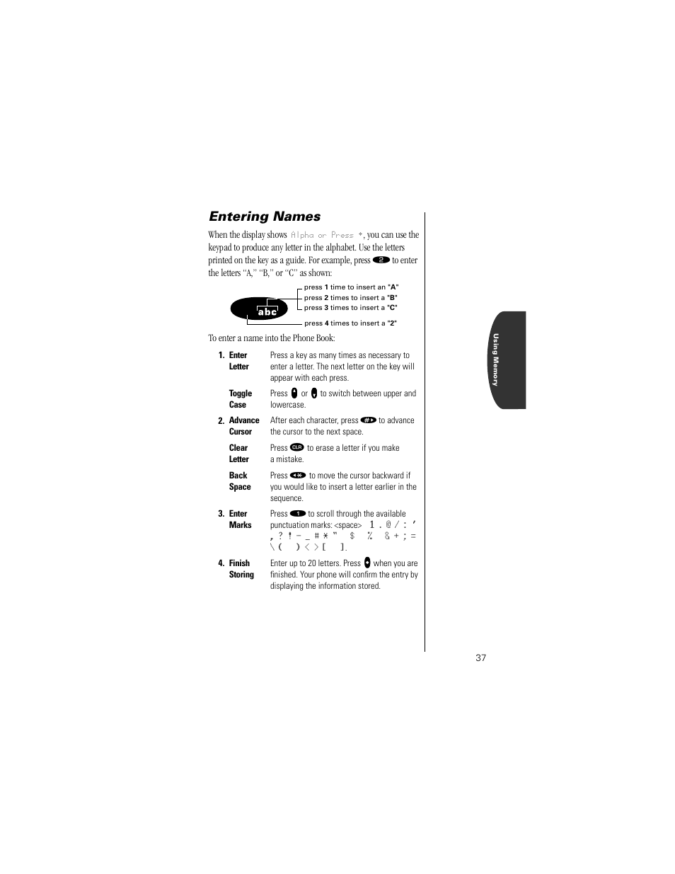Entering names | Motorola Digital StarTAC wireless phone User Manual | Page 37 / 143