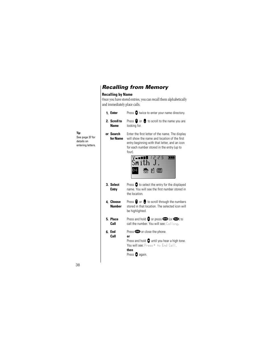Recalling from memory, Recalling by name, Smith j | Motorola Digital StarTAC wireless phone User Manual | Page 38 / 143