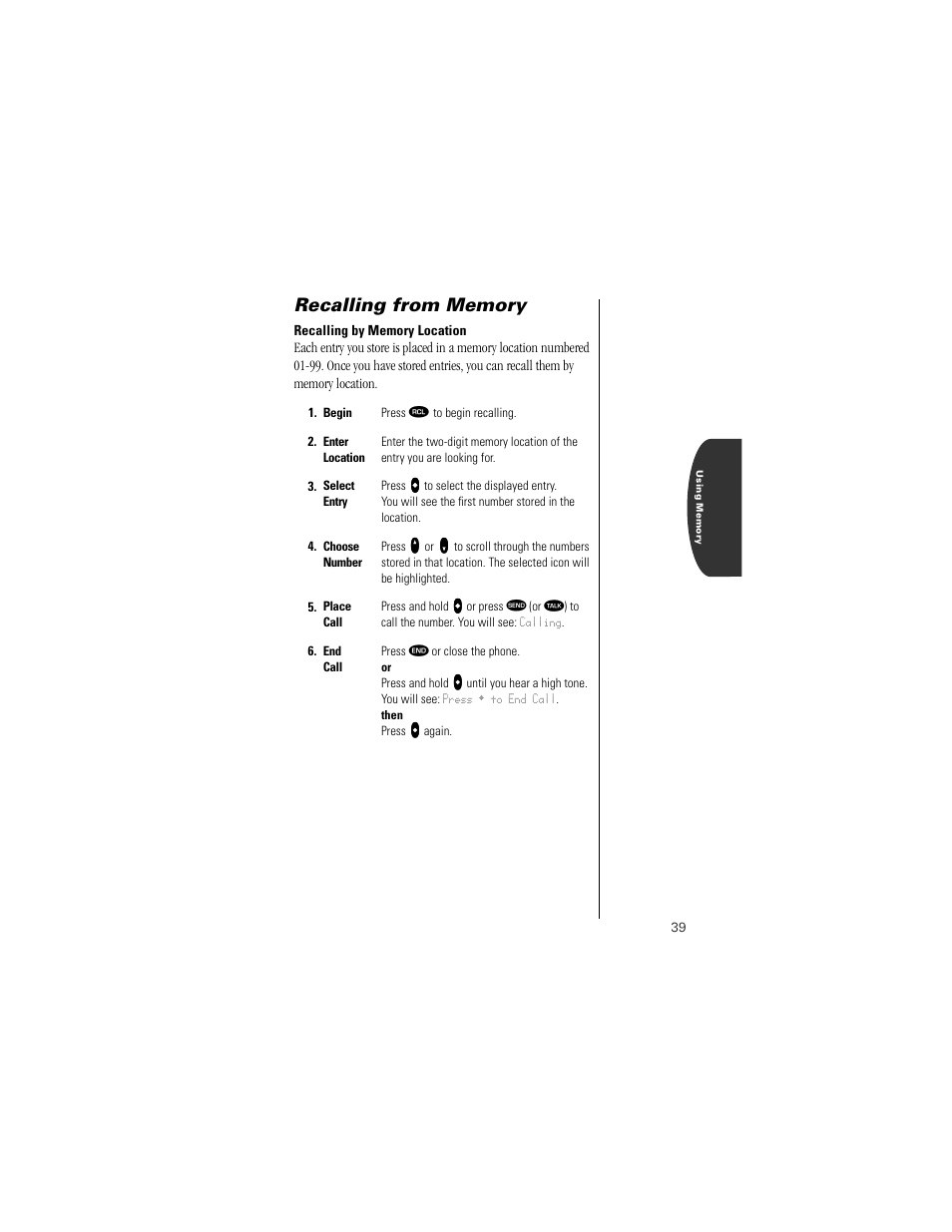 Recalling by memory location | Motorola Digital StarTAC wireless phone User Manual | Page 39 / 143