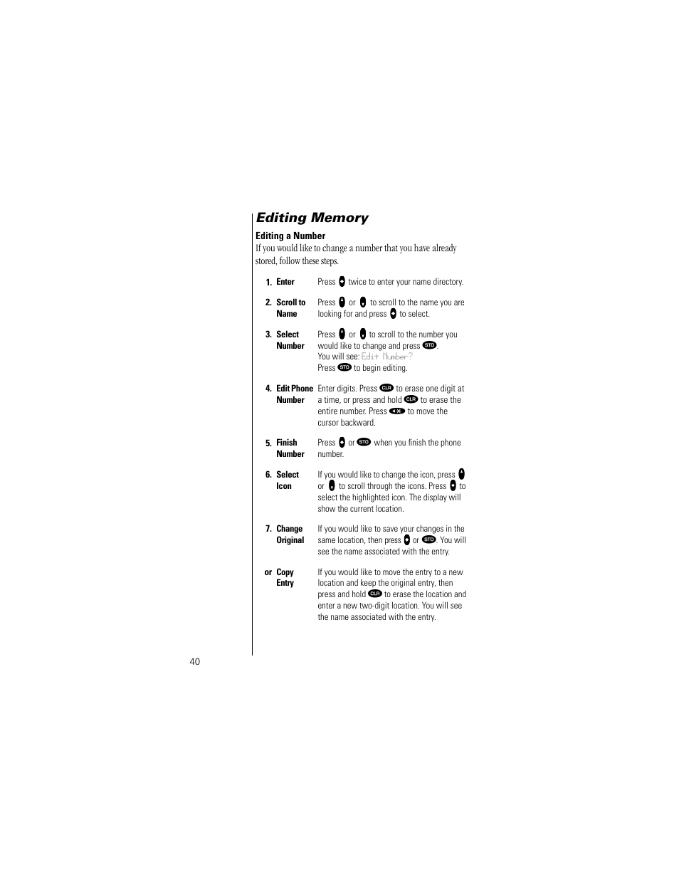 Editing memory, Editing a number | Motorola Digital StarTAC wireless phone User Manual | Page 40 / 143