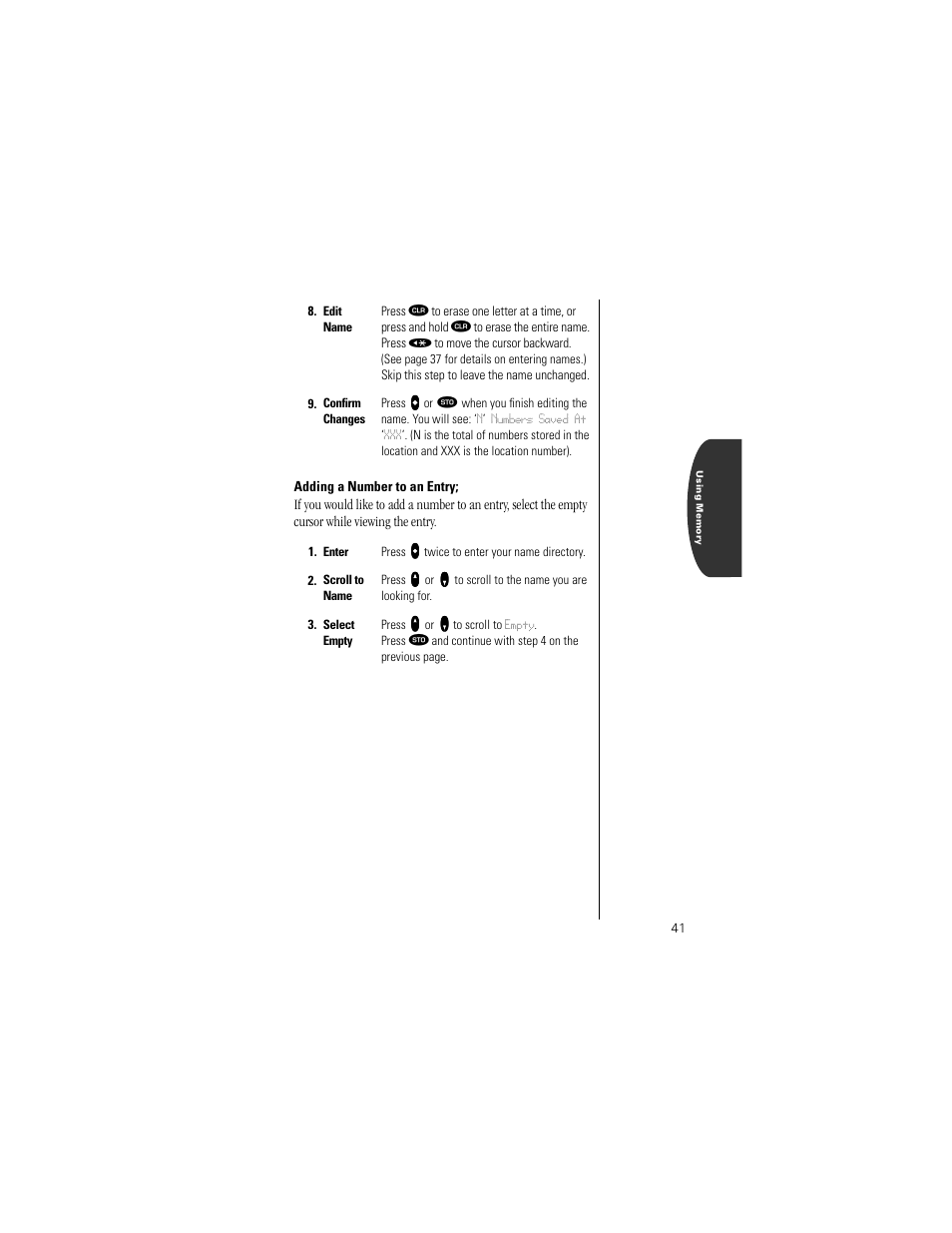 Adding a number to an entry | Motorola Digital StarTAC wireless phone User Manual | Page 41 / 143