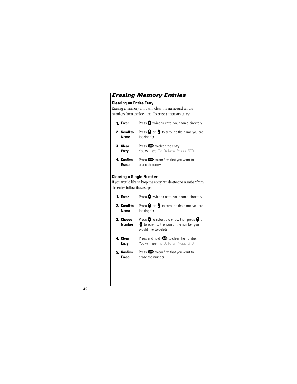 Erasing memory entries, Clearing an entire entry, Clearing a single number | Motorola Digital StarTAC wireless phone User Manual | Page 42 / 143