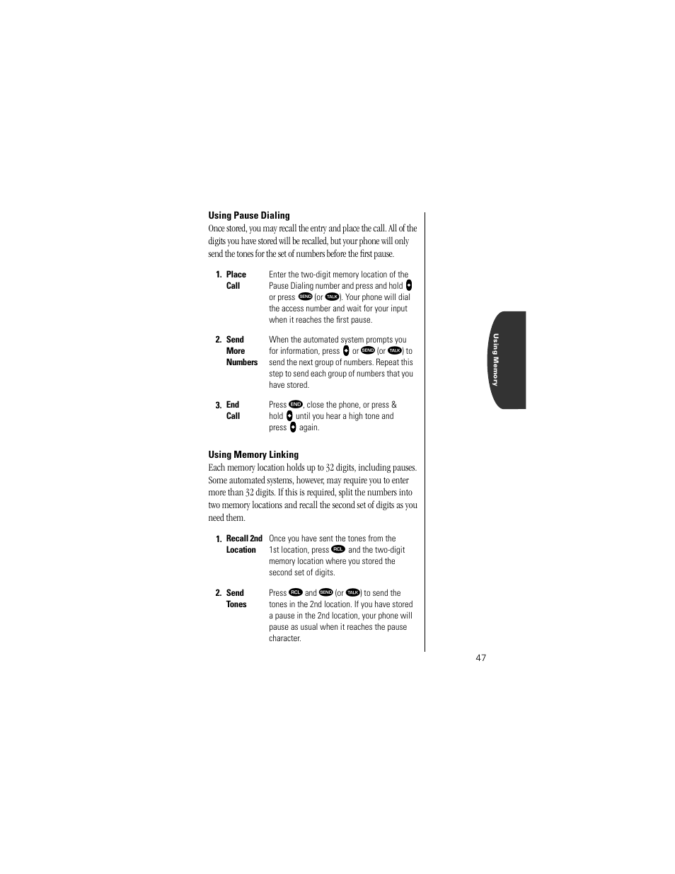 Using pause dialing, Using memory linking | Motorola Digital StarTAC wireless phone User Manual | Page 47 / 143
