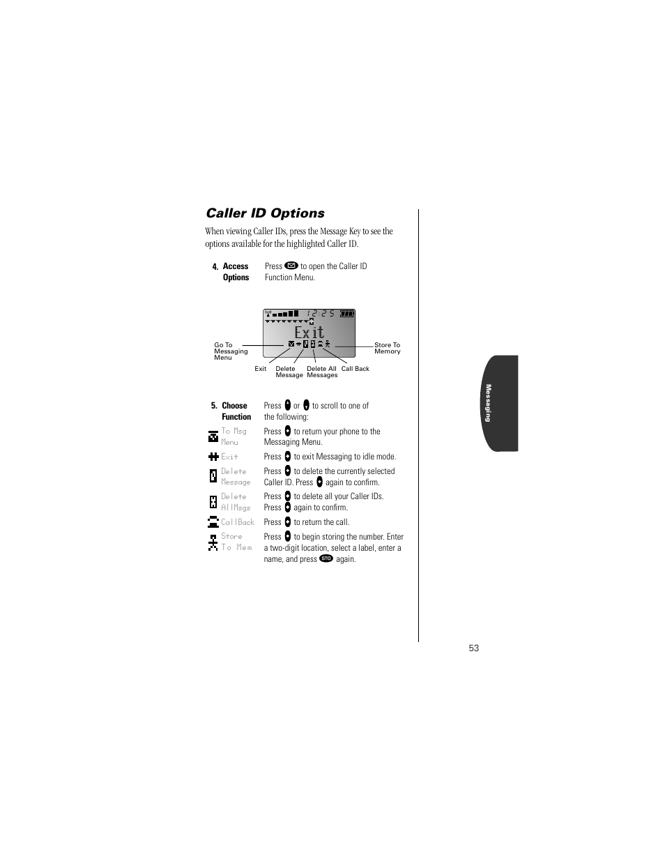 Caller id options, Exit | Motorola Digital StarTAC wireless phone User Manual | Page 53 / 143