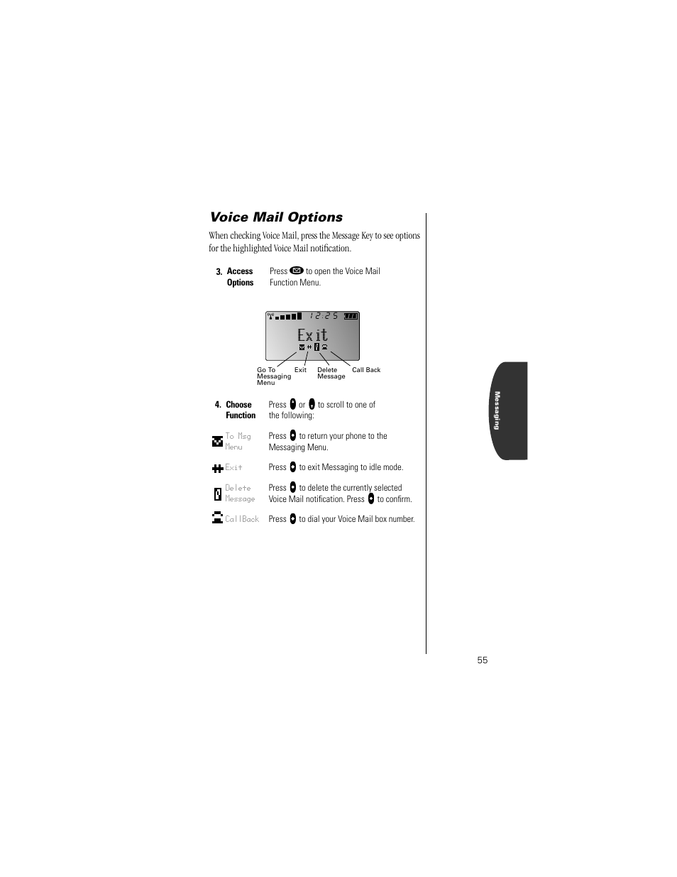 Voice mail options, Exit | Motorola Digital StarTAC wireless phone User Manual | Page 55 / 143