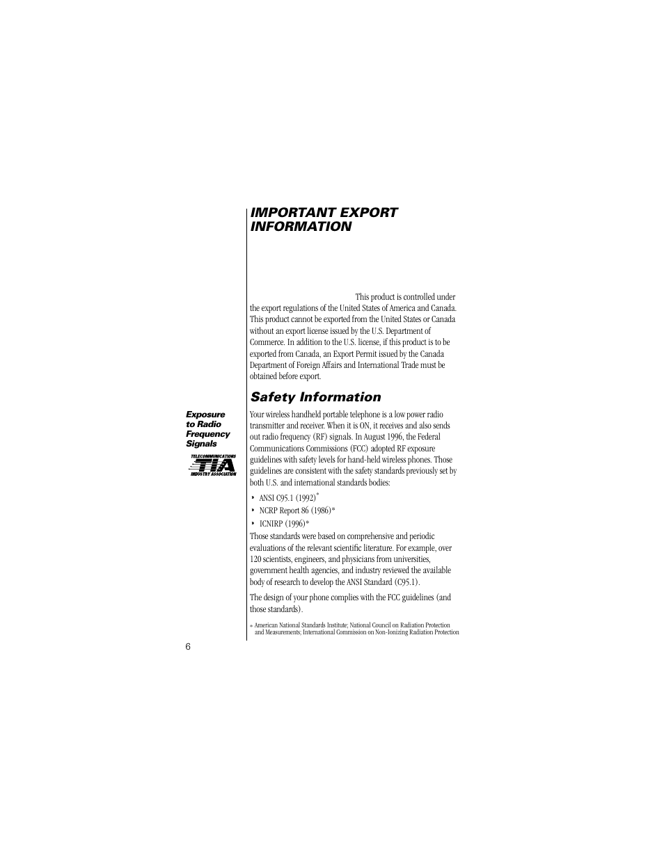 Important export information, Safety information | Motorola Digital StarTAC wireless phone User Manual | Page 6 / 143