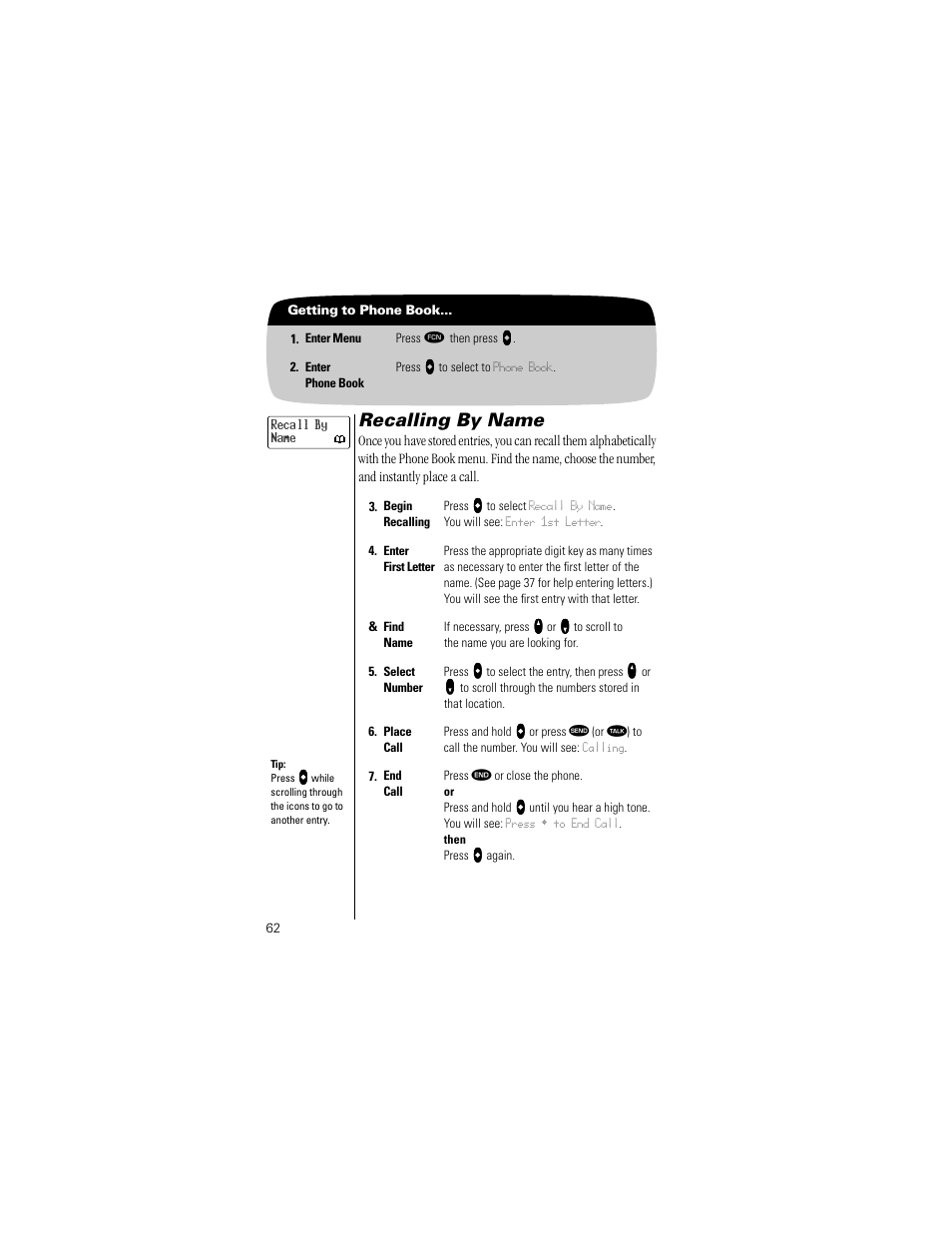 Recalling by name, Pg. 62 | Motorola Digital StarTAC wireless phone User Manual | Page 62 / 143