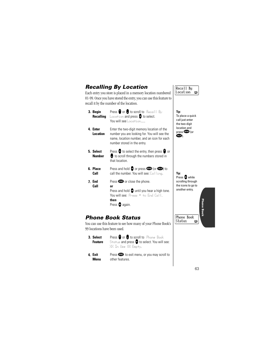 Recalling by location, Phone book status, Pg. 63 | Motorola Digital StarTAC wireless phone User Manual | Page 63 / 143