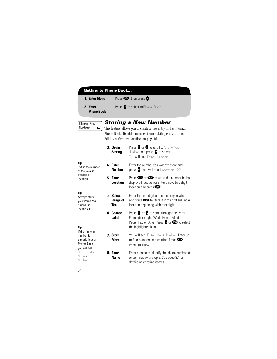 Storing a new number, Pg. 64 | Motorola Digital StarTAC wireless phone User Manual | Page 64 / 143
