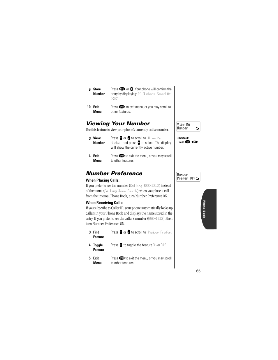 Viewing your number, Number preference, When placing calls | When receiving calls, Pg. 65 | Motorola Digital StarTAC wireless phone User Manual | Page 65 / 143